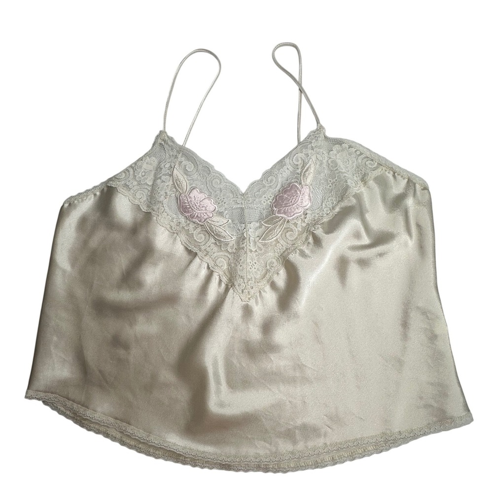 Val Mode Lingerie Ivory Satin Camisole Lace Floral‎ Embroidered Medium 8557 USA